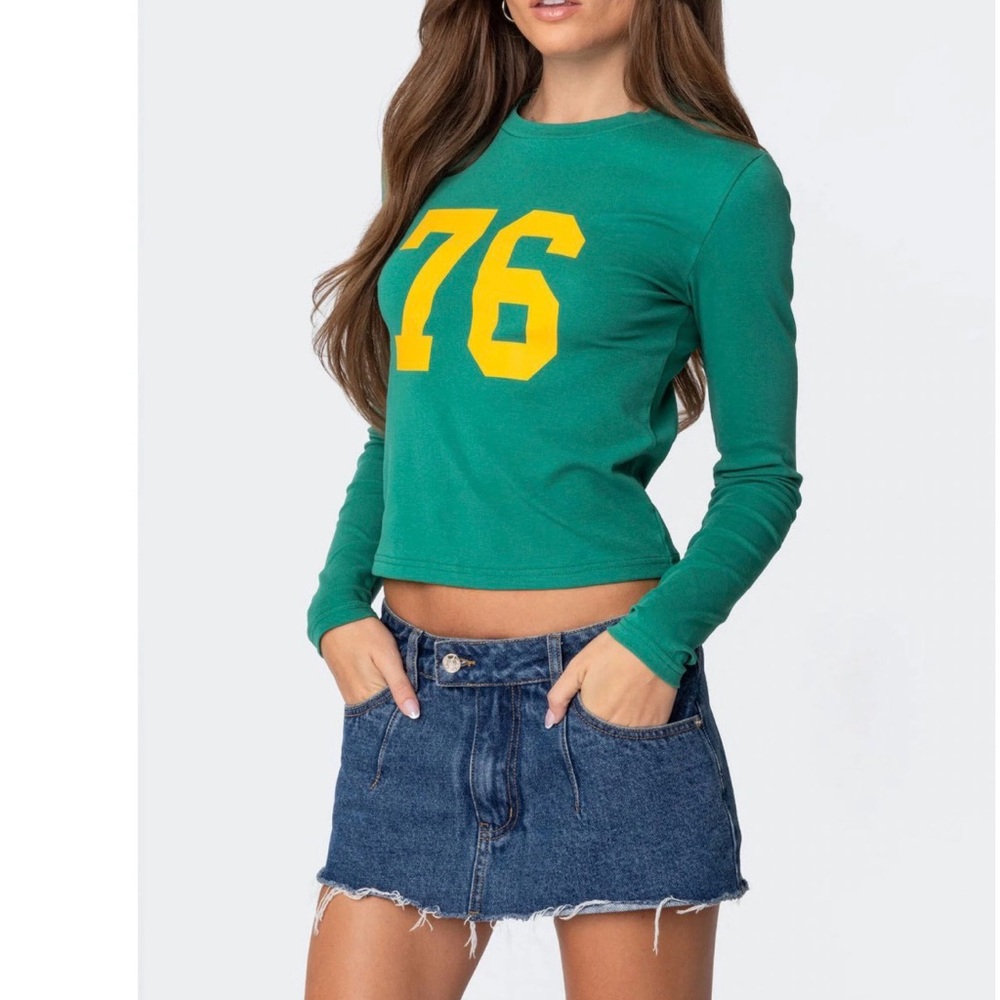 Edikted Green Long Sleeve Top with Yellow '76' Graphic